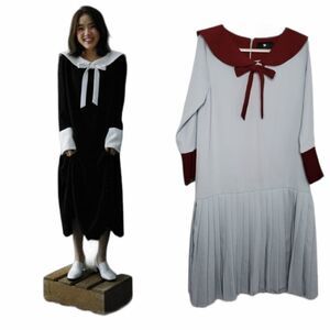 DEW E HEART Korean gray pleated long ribbon school girl‎ dress OS M